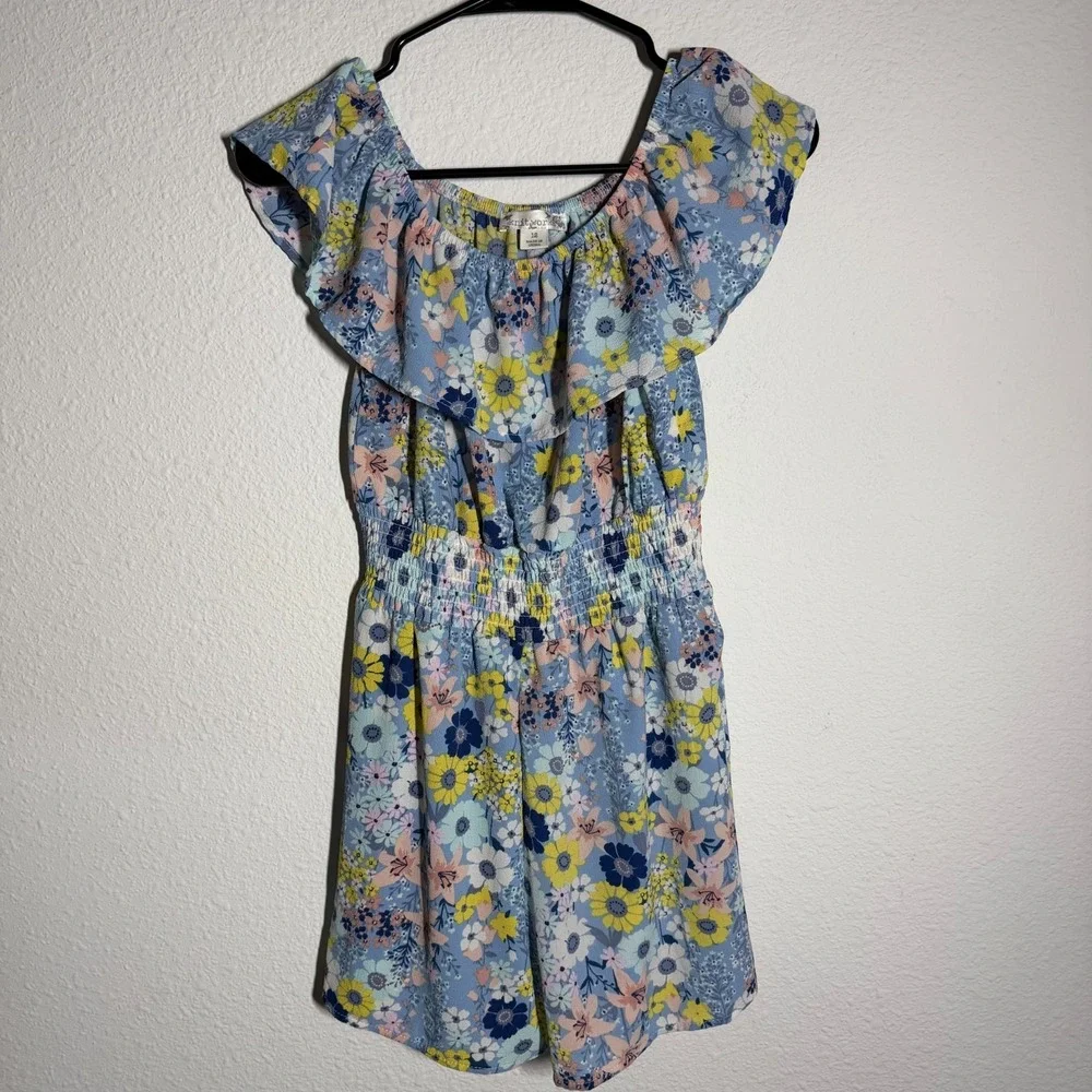 Knit Works Romper Girls 12 Blue Floral Ruffle Smocked Off The Shoulder One Piece